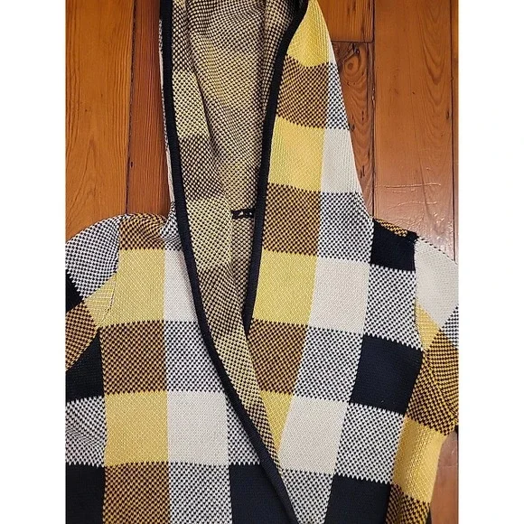 Cabi Sweater Coat Toggle Jacket Yellow Blue Ivory Plaid Check Hooded Size Medium - Picture 6 of 10